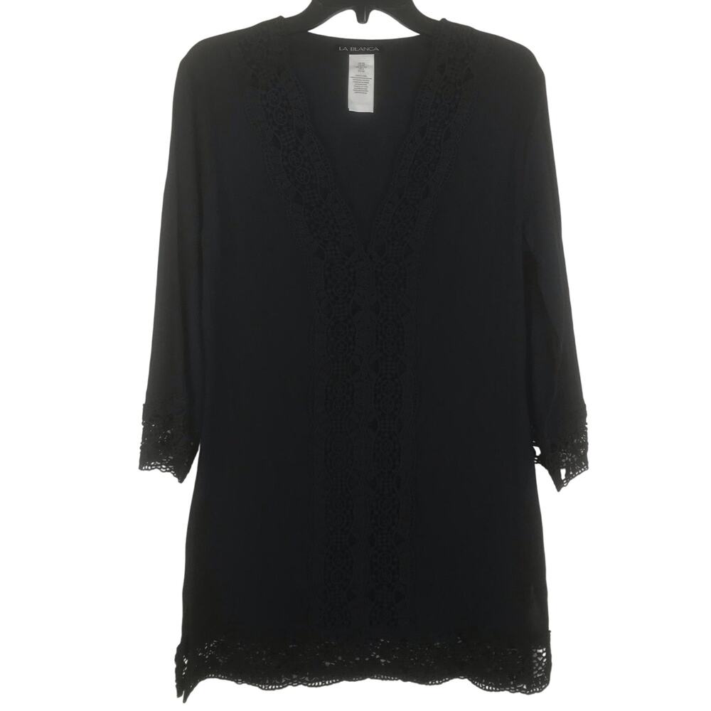 La Blanca Tunic Mini Dress Long Sleeve Swim Cover Up Black Lace Cotton Gauze XS
